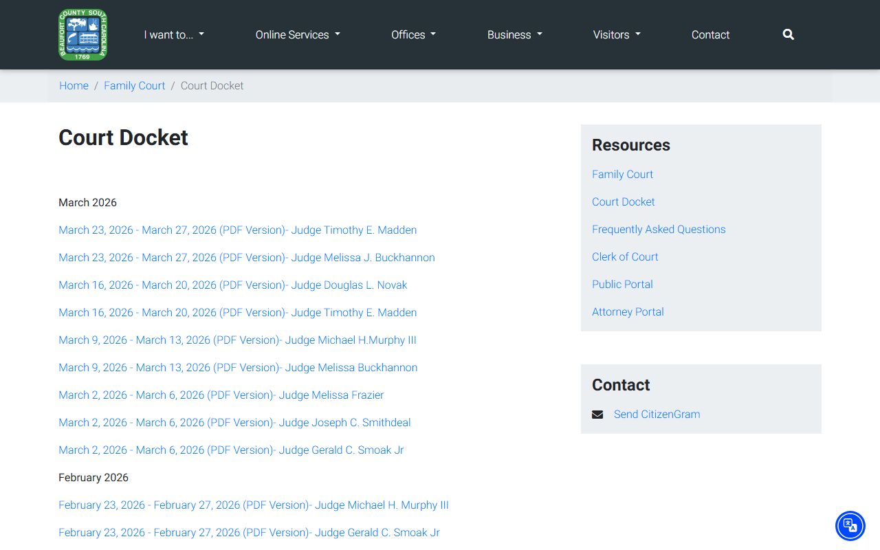 Beaufort County Family Court docket schedule for Hilton Head Island cases