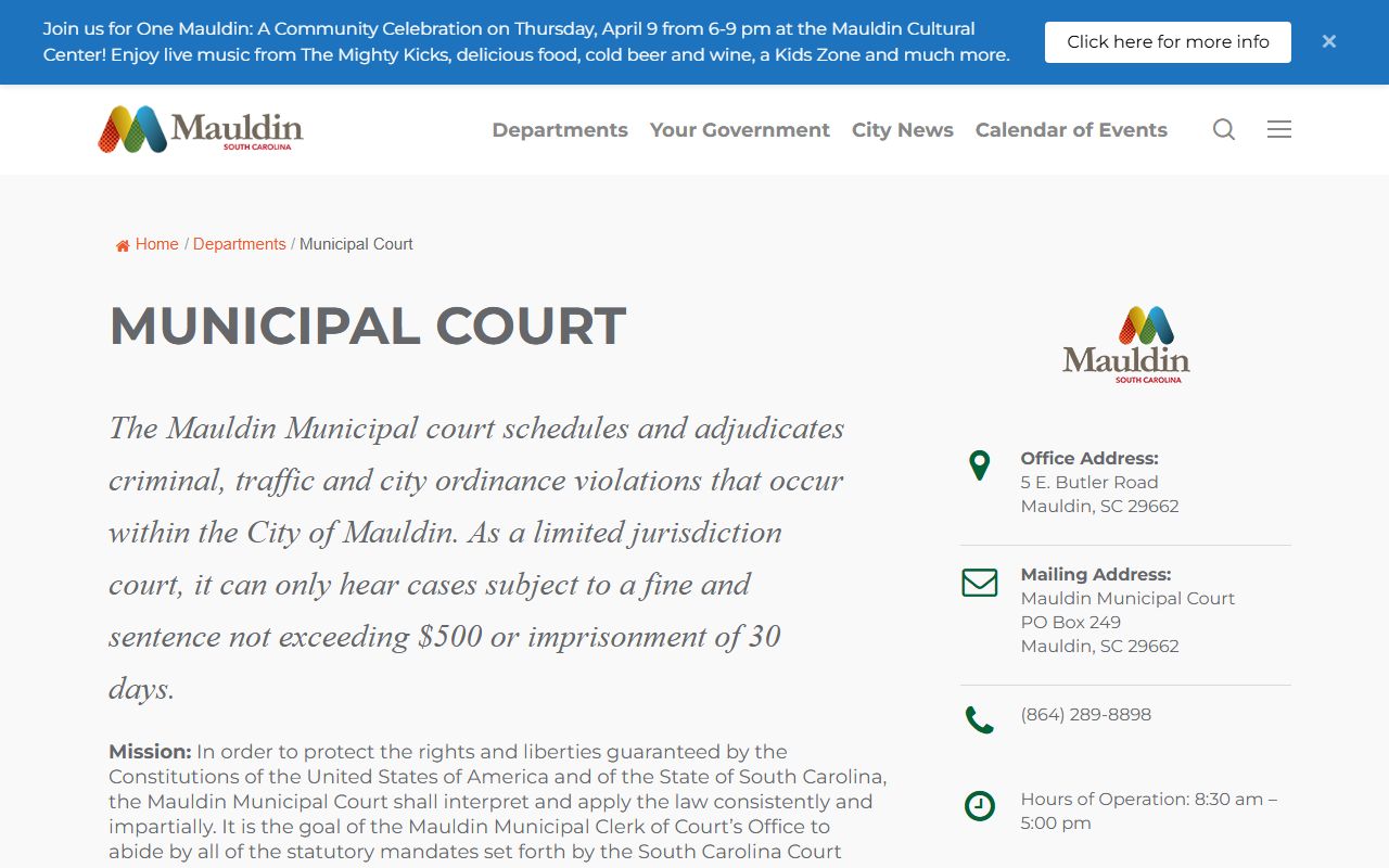 Mauldin Municipal Court department page for accessing court docket records
