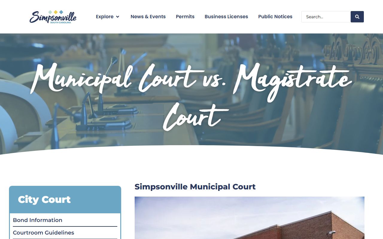 Simpsonville Municipal Court page for accessing court docket records and information