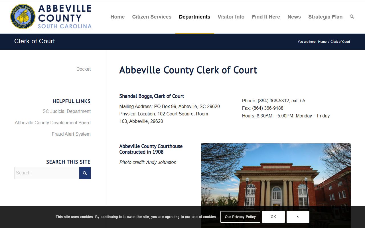Abbeville County Clerk of Court official page showing court docket responsibilities
