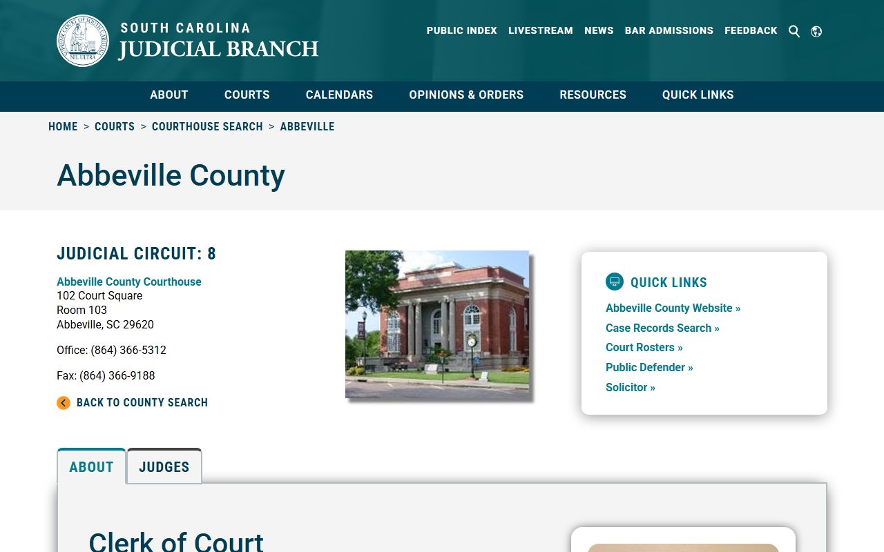 Abbeville County courthouse information page on SC Courts for court docket records