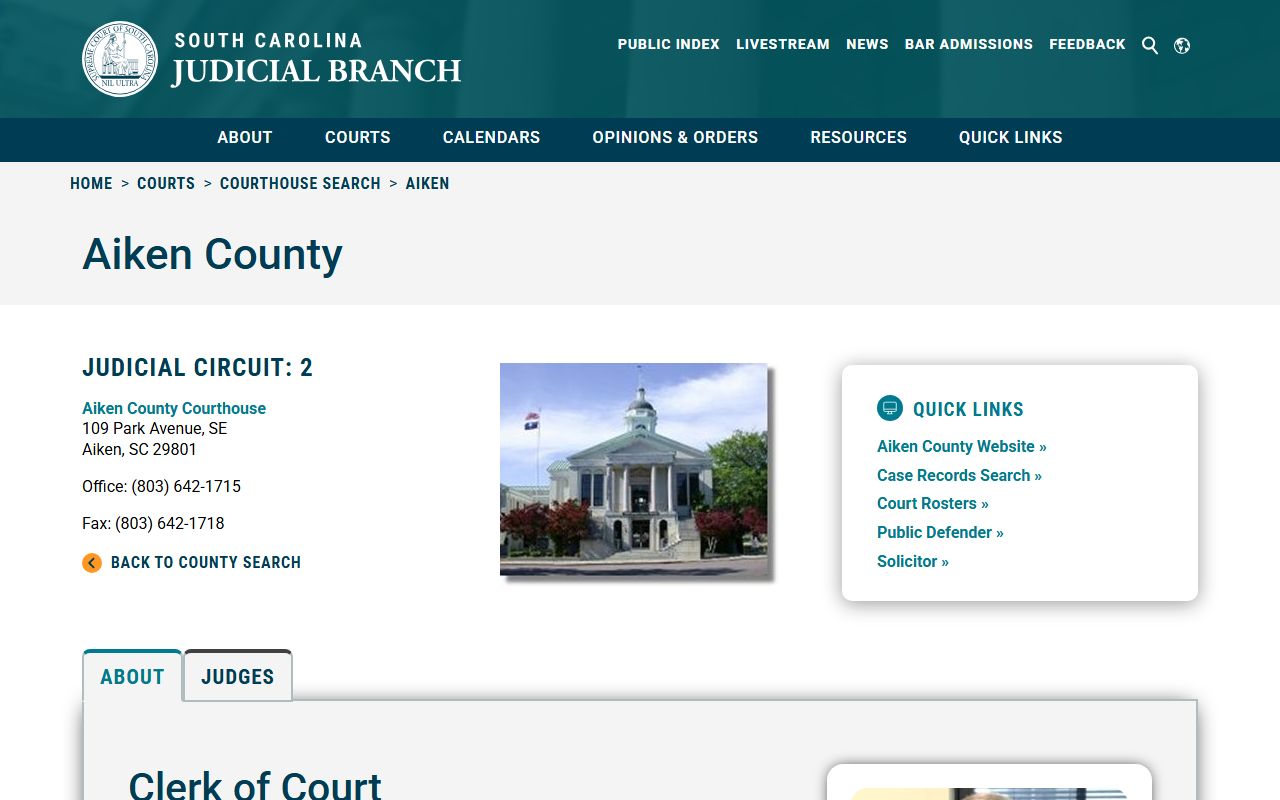 Aiken County courthouse information on SC Courts website showing court docket office details