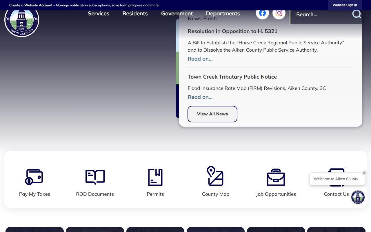 Aiken County government portal page linking to court docket resources and public records