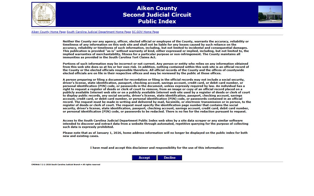 Aiken County South Carolina Public Index search interface for court docket records
