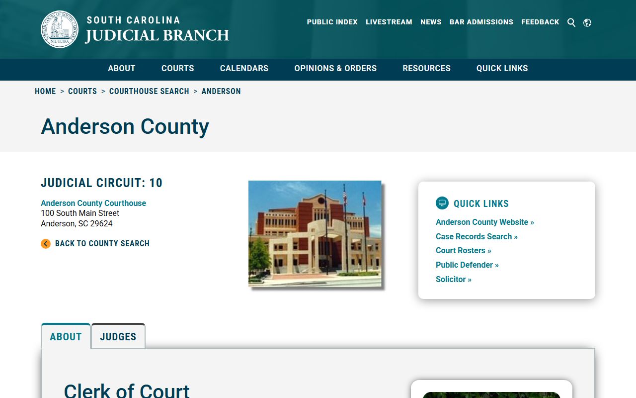 Anderson County courthouse information on SC Courts website for court docket records access