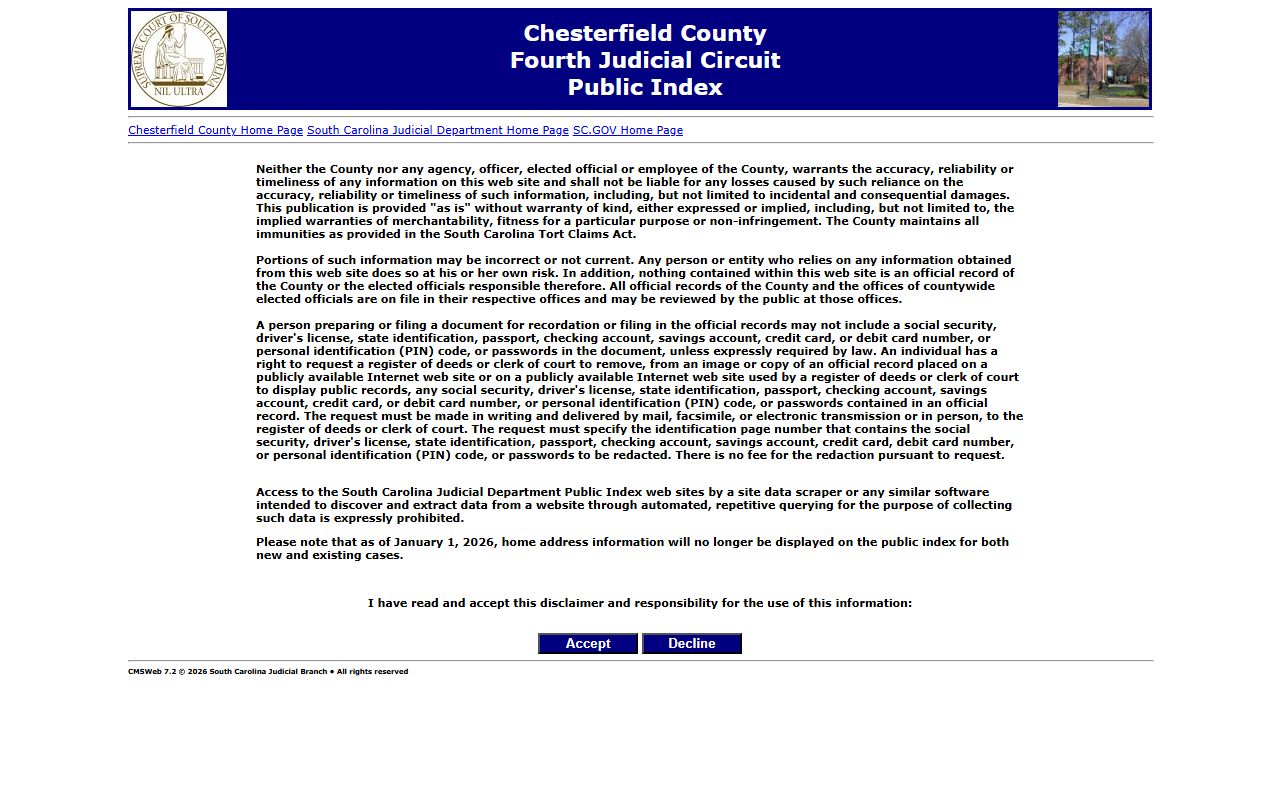 Chesterfield County South Carolina Public Index court docket search