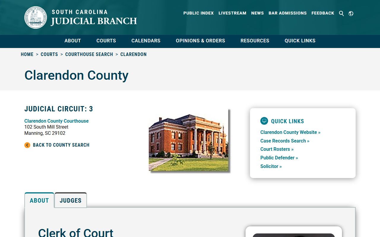 Clarendon County courthouse information for court docket records in Manning SC