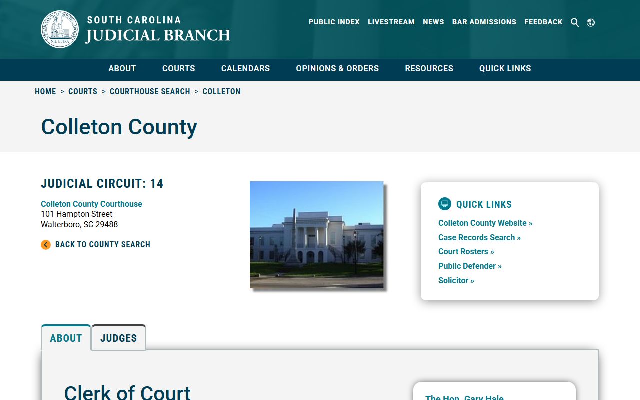 Colleton County courthouse information and court docket details on SC Courts website