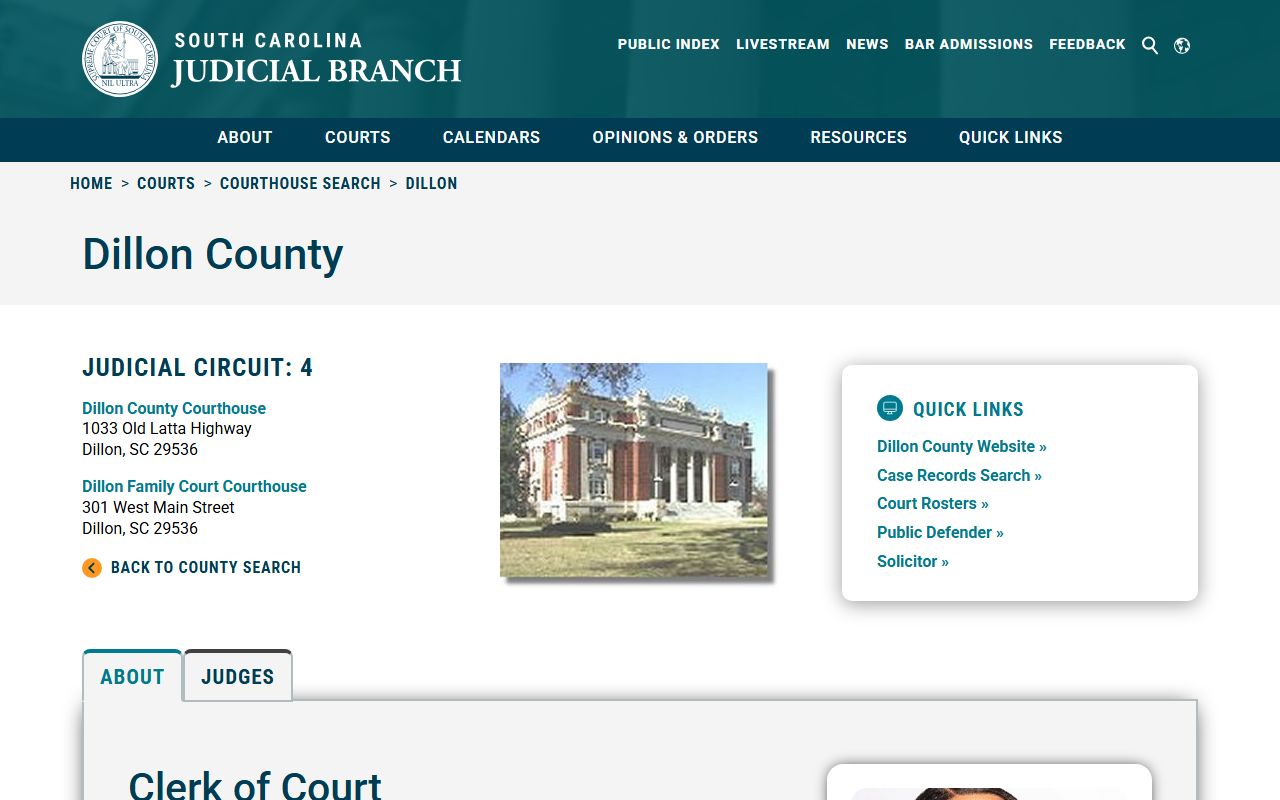 Dillon County courthouse information and court docket records on SC Courts website