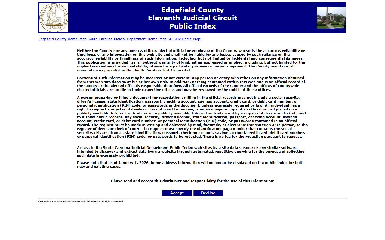 Edgefield County Public Index for searching court docket records online