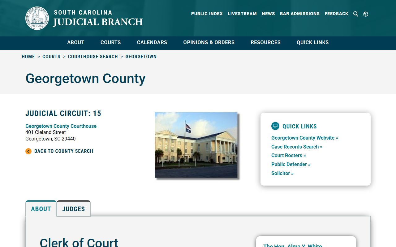 Georgetown County courthouse information page on the SC Judicial Branch website for court docket access