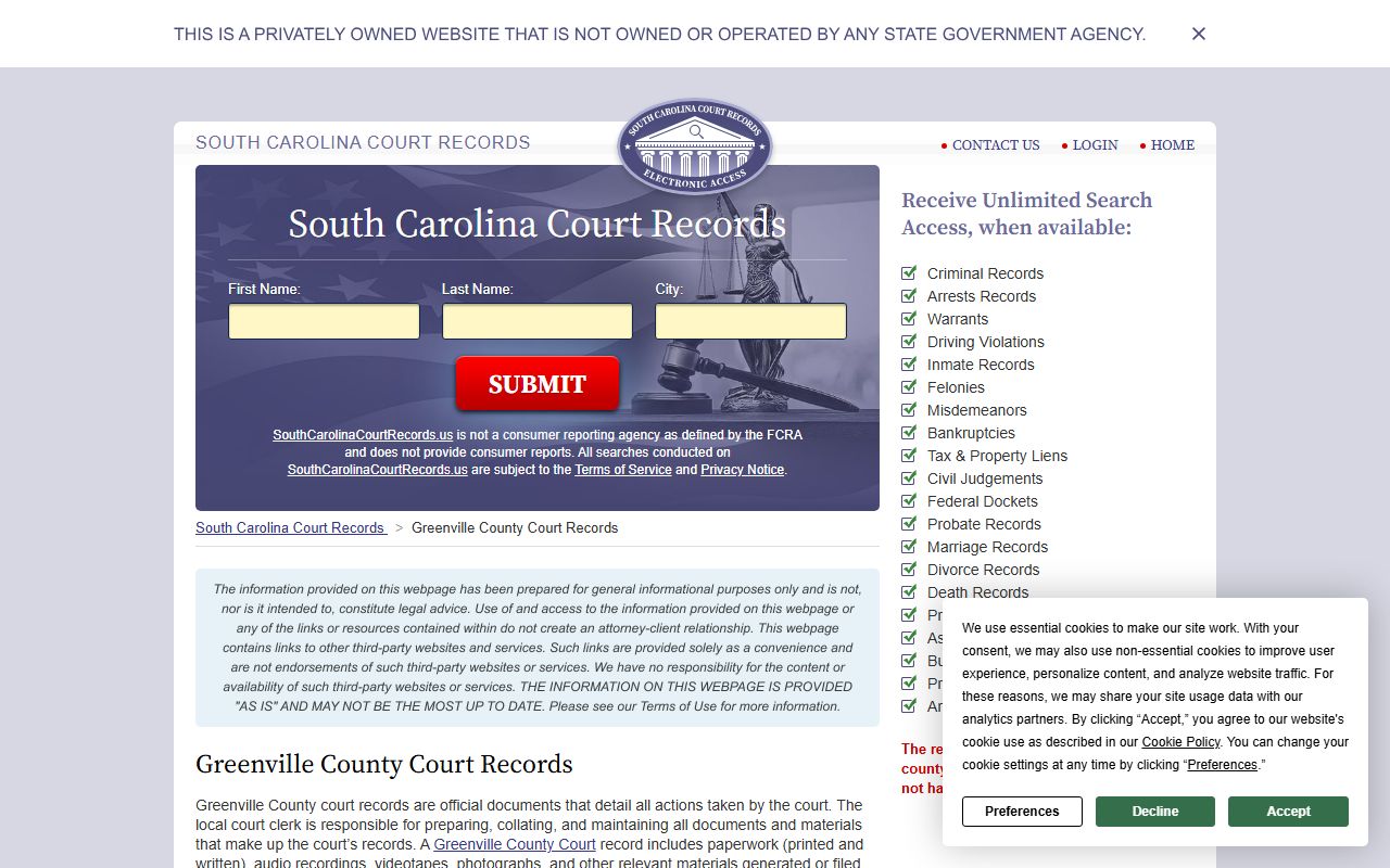 Greenville County court records information page covering docket access, fees, and case search