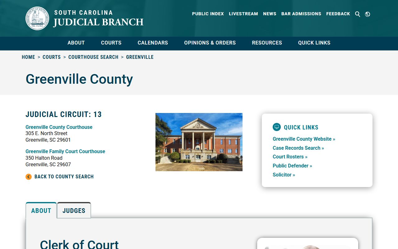 Greenville County courthouse information on the SC Judicial Branch website for court docket access