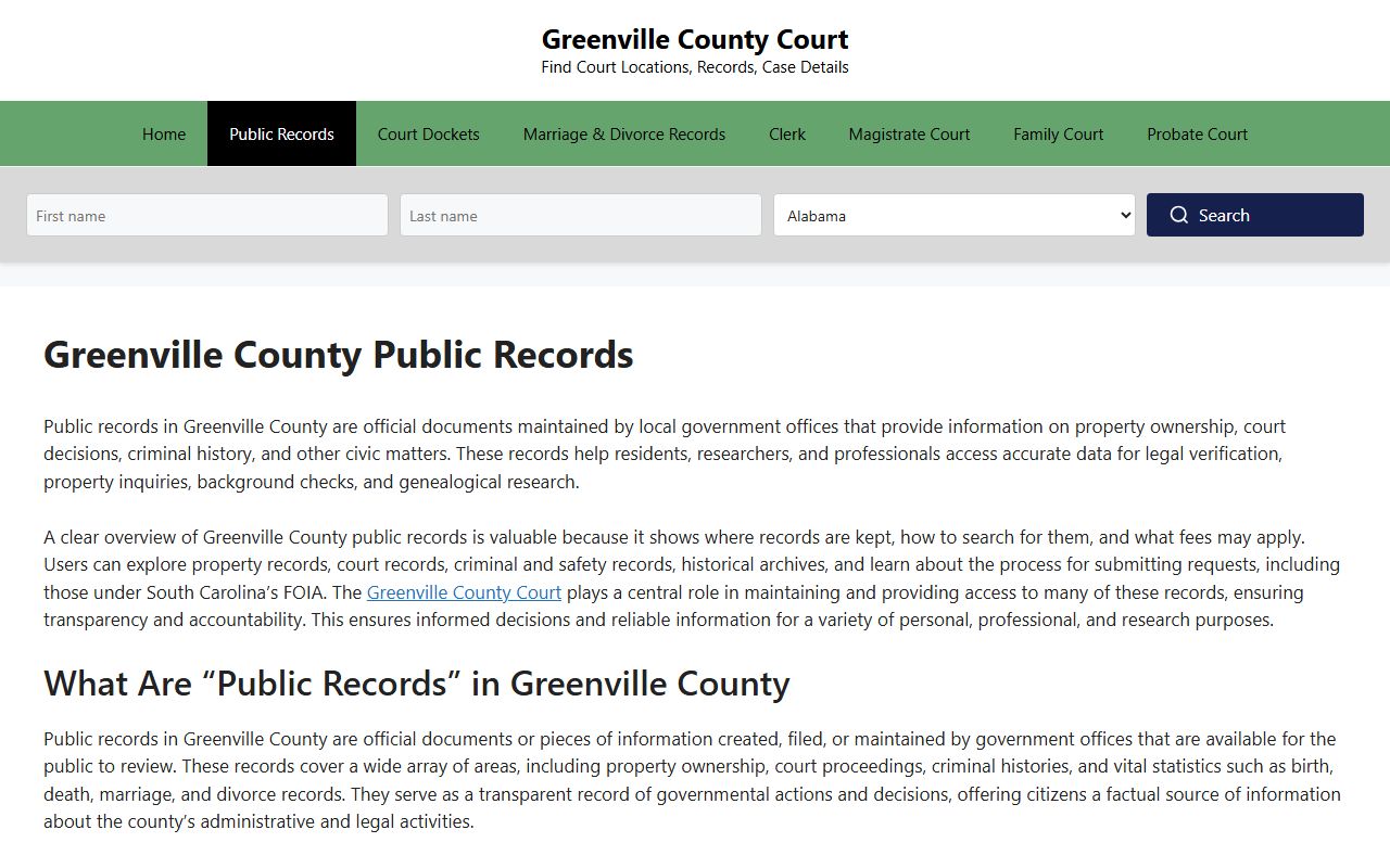 Greenville County public records guide covering court docket access and records search options