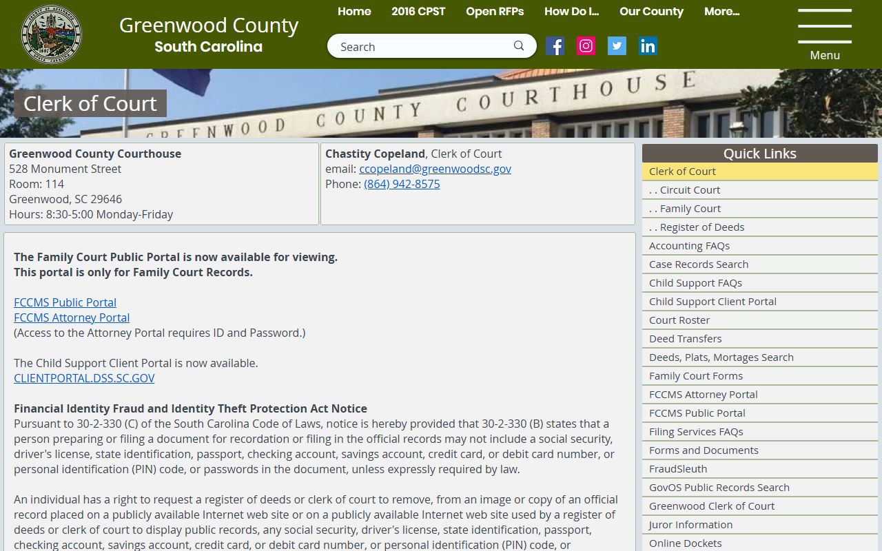 Greenwood County Clerk of Court official website for accessing court docket and case record services