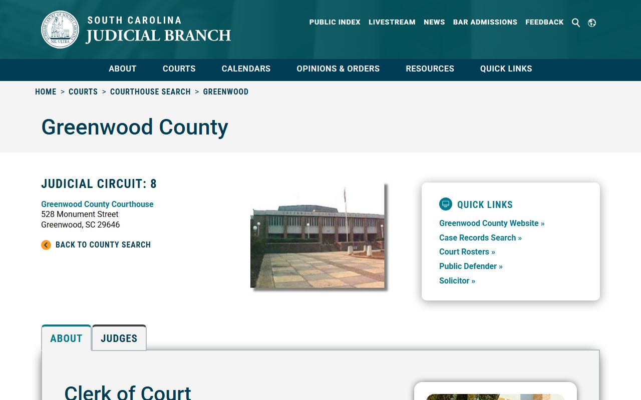 Greenwood County courthouse information on the SC Judicial Branch website for court docket access