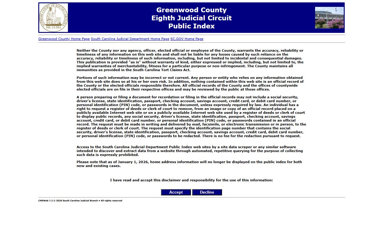 Greenwood County Public Index portal for searching court dockets and case records online