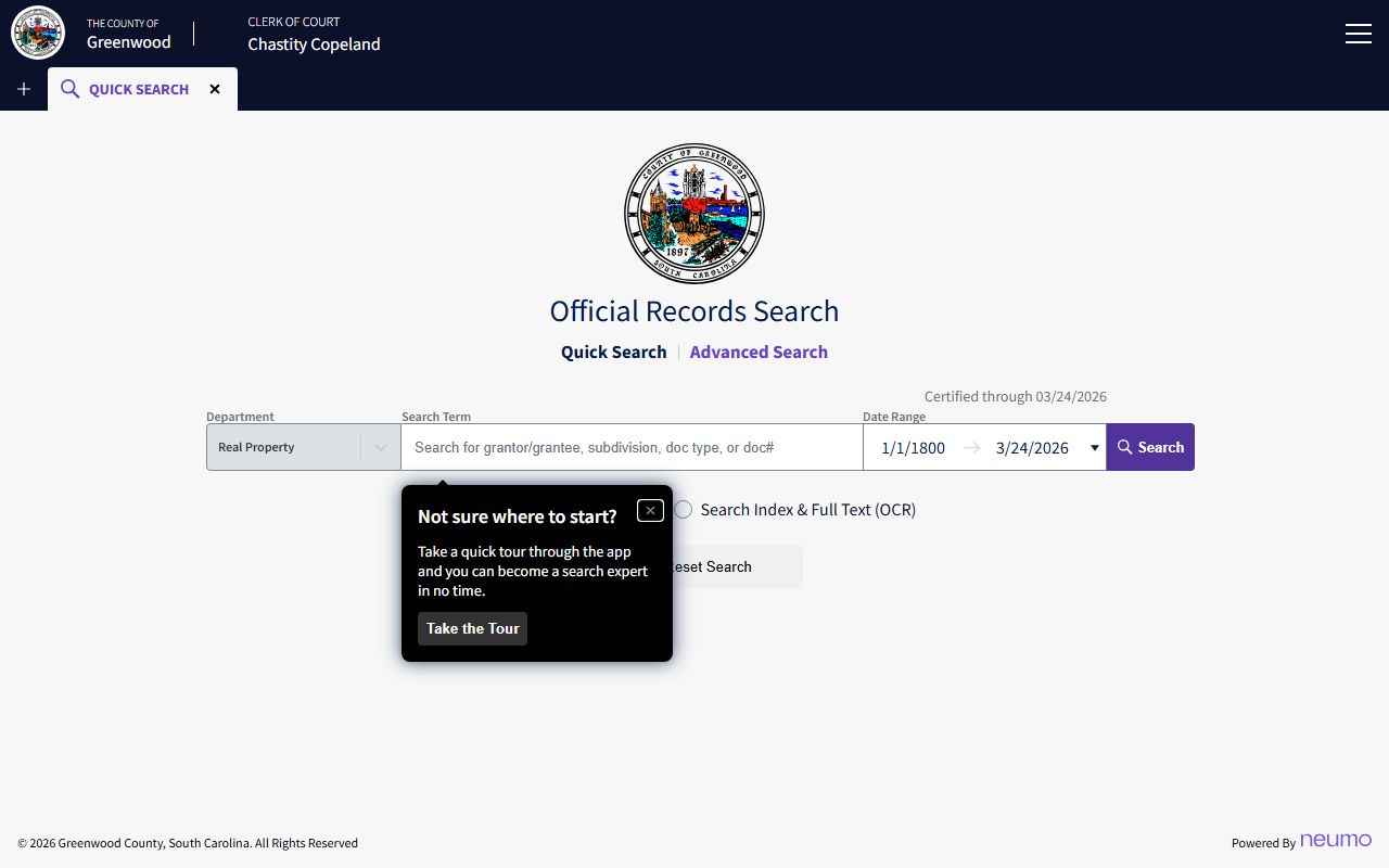 Greenwood County official records search portal for real property and court-related recorded documents
