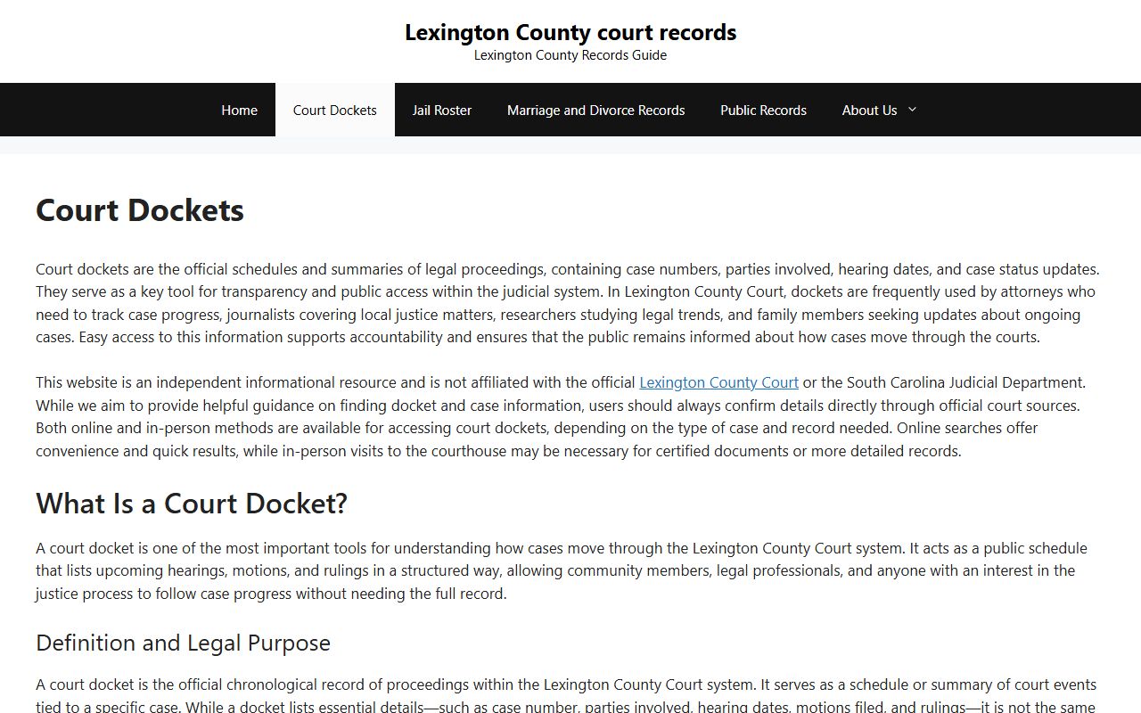Lexington County court dockets search page for court docket records