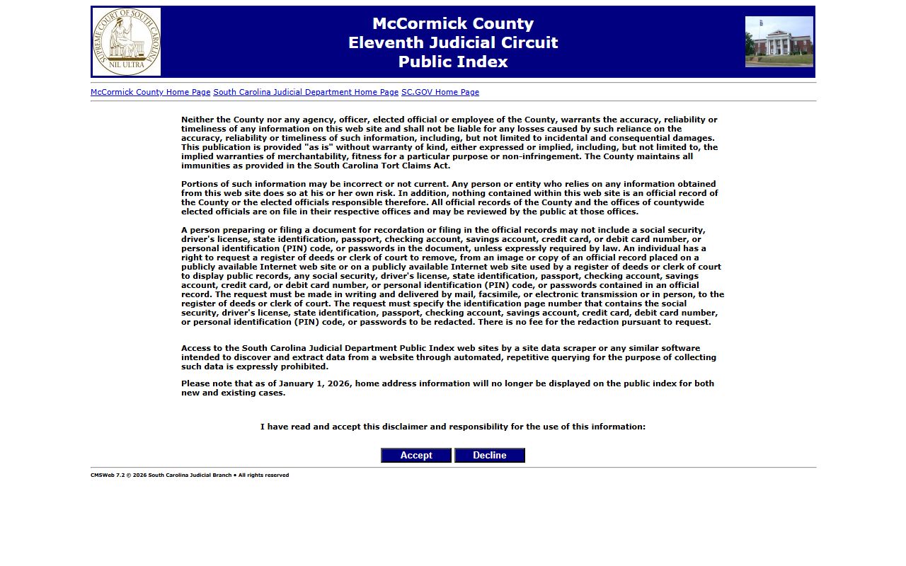 McCormick County Public Index search for court docket records