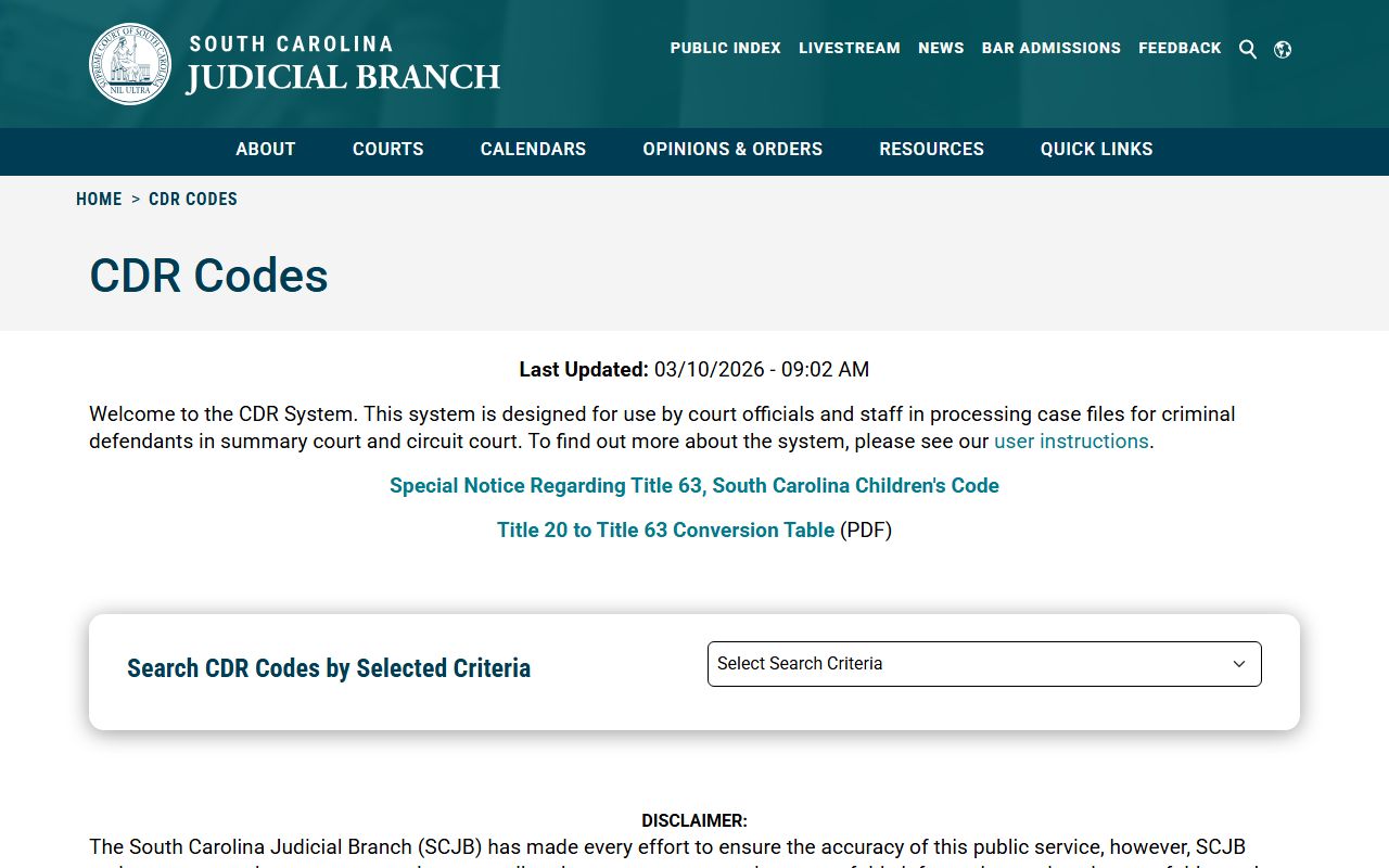 South Carolina CDR codes system for criminal court docket records
